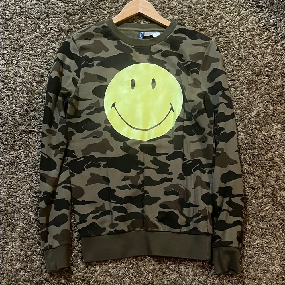 H&M Camouflage Crewneck Sweater with Bright Yellow Smiley